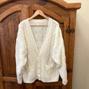 Chunky White Cardigan Sweater cable-knit